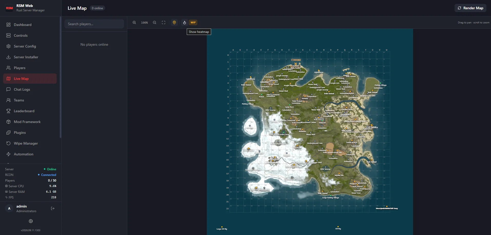 RSM Web's Live Map page with the online player list and pan/zoom controls